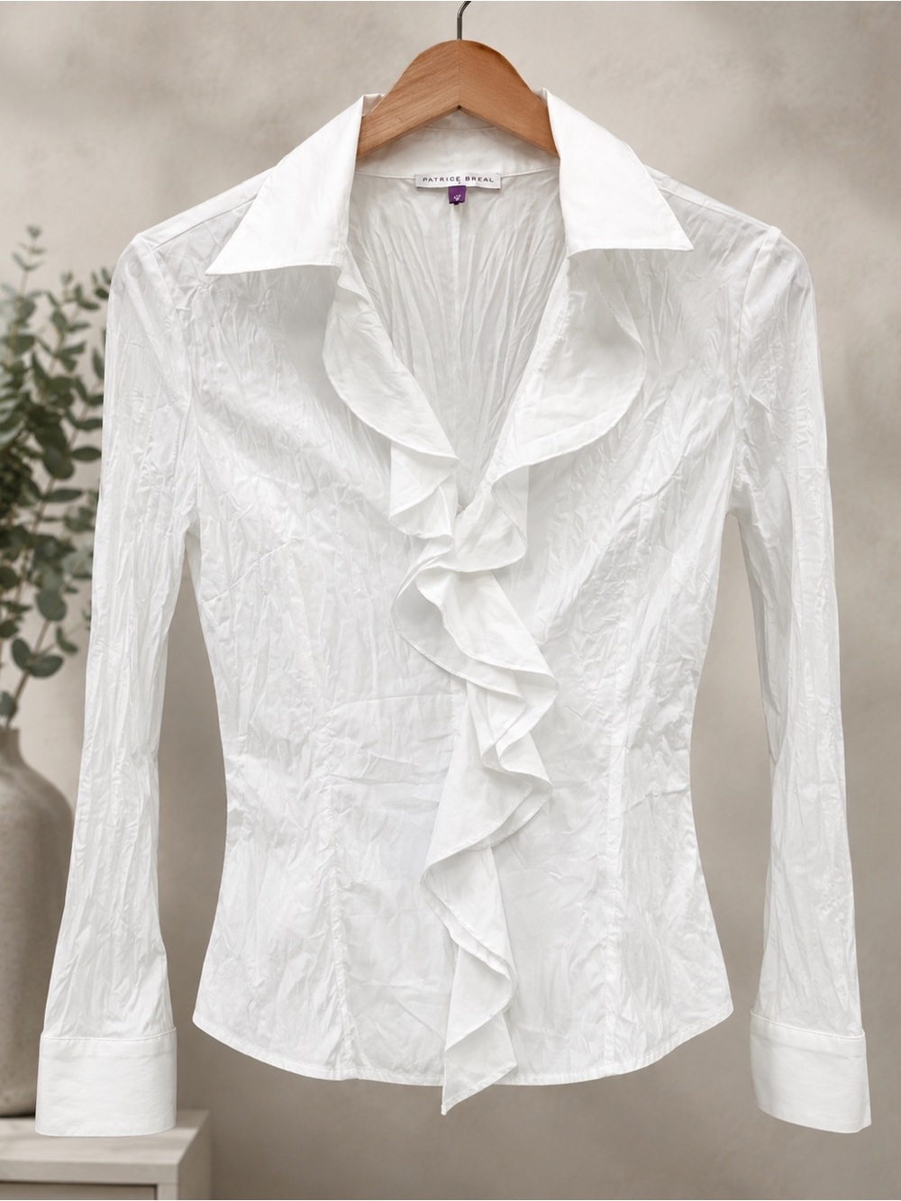 French Brand Patrice Breal White Ruffle Front Long Sleeve Blouse